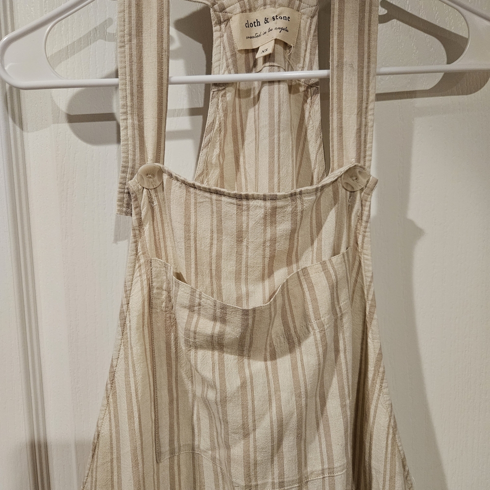 Cloth & Stone Anthropologie Cream Tan Stripe Linen Blend Comfy Overalls SZ XS - Picture 4 of 6